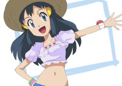 Rule 34 | 1girl, :d, alternate costume, black hair, bracelet, brown hat, collarbone, commentary request, creatures (company), cropped shirt, dawn (pokemon), eyelashes, frills, game freak, grey eyes, hainchu, hair ornament, hairclip, hand on own hip, hat, highres, jewelry, long hair, looking at viewer, navel, nintendo, open mouth, outstretched arm, pokemon, pokemon (anime), pokemon dppt (anime), poketch, purple shirt, shirt, sidelocks, smile, solo, tongue, upper body, watch, wristwatch
