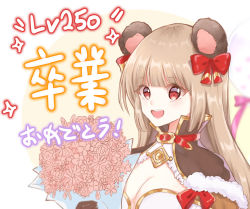 Rule 34 | 1girl, :d, animal ears, bear ears, bouquet, bow, breasts, brown background, brown hair, cleavage, flower, hair bow, high priest (ragnarok online), highres, holding, holding bouquet, light (luxiao deng), long hair, looking at viewer, medium breasts, open mouth, pink flower, ragnarok online, red bow, red eyes, smile, solo, teeth, translation request, two-tone background, upper body, upper teeth only, white background