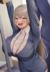 Rule 34 | 1boy, 1girl, absurdres, arms up, black jacket, black skirt, blush, bra, bra visible through clothes, breasts, bursting breasts, collared shirt, commentary request, dress shirt, embarrassed, forced smile, grey eyes, grey hair, highres, huge breasts, jacket, kusana (dudqja602), long hair, long sleeves, name tag, office lady, original, pink bra, reaching, shirt, skirt, solo focus, standing, trembling, underwear, white shirt