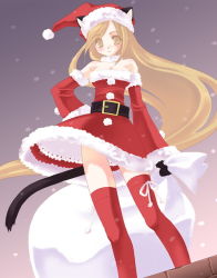 Rule 34 | 1girl, animal ears, bare shoulders, belt, black gloves, blonde hair, blush, breasts, brown eyes, cat ears, cat tail, christmas, cleavage, detached sleeves, dress, dutch angle, fur trim, gloves, hand on own hip, hat, koshikawa guu, long hair, original, pom pom (clothes), red thighhighs, sack, santa costume, santa hat, smile, snowing, solo, standing, tail, thighhighs, upskirt, very long hair, wind, zettai ryouiki