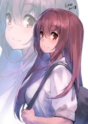 Rule 34 | 1girl, 2018, alternate costume, artist name, backpack, bag, blush, breasts, closed mouth, collared shirt, eyes visible through hair, fate/grand order, fate (series), female focus, from side, gao (gaolukchup), hair between eyes, hair intakes, highres, large breasts, long hair, looking at viewer, neck, purple hair, red eyes, scathach (fate), shirt, short sleeves, simple background, smile, solo, type-moon, upper body, white background, white shirt, zoom layer
