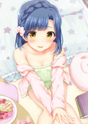 Rule 34 | 1girl, amenosorashido, bed, bedroom, blue hair, book, bow, breasts, cake, cleavage, food, hair bow, happy birthday, highres, idolmaster, idolmaster million live!, looking at viewer, nanao yuriko, nightgown, parted lips, short hair, sitting, small breasts, smile, solo, strap slip, stuffed animal, stuffed toy, yellow eyes