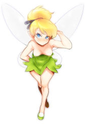 Rule 34 | 1girl, :&lt;, angry, animification, areola slip, arm behind head, armpits, bare shoulders, blonde hair, blue eyes, blush, breasts, breasts apart, cleavage, covered navel, crossed legs, downblouse, dress, eyelashes, eyes visible through hair, fairy, frown, full body, green dress, green footwear, green skirt, hair ribbon, hand on own hip, hand up, high ponytail, hip focus, leaning forward, looking at viewer, medium breasts, naso4, no bra, peter pan (disney), pointy ears, ponytail, ribbon, shoes, short dress, short hair, short ponytail, simple background, skirt, solo, standing, strapless, strapless dress, thighs, tinker bell (disney), uneven eyes, white background, wide hips, wings