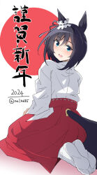Rule 34 | 1girl, 2024, alternate costume, animal ears, black hair, blue eyes, commentary request, dated, ear ornament, eishin flash (umamusume), feet, from behind, hakama, hakama skirt, happy new year, highres, horse ears, horse girl, horse tail, japanese clothes, long sleeves, looking at viewer, miko, nel-c, new year, open mouth, short hair, skirt, smile, soles, solo, tabi, tail, twitter username, umamusume