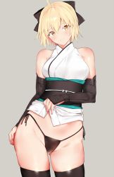Rule 34 | 1girl, ahoge, arm guards, bare shoulders, black panties, black thighhighs, blonde hair, blush, bow, breasts, closed mouth, commentary, cowboy shot, detached sleeves, fate (series), gluteal fold, grey background, hair between eyes, hair bow, head tilt, highres, japanese clothes, kimono, koha-ace, lifted by self, looking at viewer, medium breasts, obi, okita souji (fate), okita souji (koha-ace), panties, remora180, sash, short hair, short kimono, side-tie panties, simple background, smile, solo, string panties, thighhighs, underwear, yellow eyes