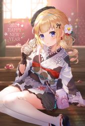 Rule 34 | 1girl, 2021, arm support, bag, beret, black footwear, black hat, blonde hair, blue eyes, bottle, chinese zodiac, commentary request, egasumi, flower, hair flower, hair ornament, hand up, happy new year, hat, highres, holding, holding bottle, japanese clothes, kimono, long hair, long sleeves, looking at viewer, milk, milk bottle, new year, obi, omelet tomato, original, parted lips, petals, red flower, sandals, sash, shoulder bag, sitting, sleeves past wrists, solo, thighhighs, white flower, white kimono, white thighhighs, wide sleeves, year of the ox, zouri