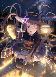 Rule 34 | 1girl, animal ears, blunt bangs, blush, breasts, broom, broom riding, city lights, gloves, hair rings, hat, highres, horse ears, horse girl, horse tail, kashmir 0808, long hair, looking at viewer, night, night sky, one eye closed, open mouth, purple eyes, sky, small breasts, solo, star (sky), starry sky, sweep tosho (umamusume), tail, twintails, umamusume, witch hat