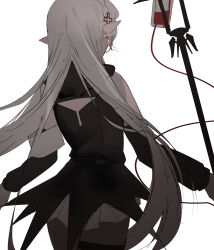 Rule 34 | 1girl, absurdres, ao oni (onioni-aoi), arknights, black dress, black pantyhose, black sleeves, blood, blood bag, commentary, detached sleeves, dress, earrings, facing away, grey hair, highres, holding, holding staff, jewelry, long hair, pantyhose, pointy ears, simple background, solo, staff, warfarin (arknights), white background