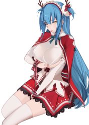 Rule 34 | 1girl, :p, antlers, azur lane, bad id, bad twitter id, between legs, blue hair, bow, breasts, capelet, detached sleeves, hair ribbon, hand between legs, highres, horns, large breasts, long hair, maid headdress, neptune (azur lane), neptune (princess of the reindeers) (azur lane), red skirt, ribbon, rrr ato, skirt, thighhighs, tongue, tongue out, underboob, white background, white thighhighs, yellow eyes