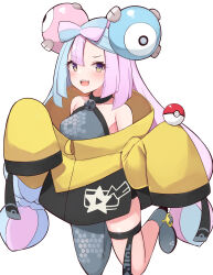 Rule 34 | 1girl, absurdres, bare shoulders, blue hair, blush, bow-shaped hair, breasts, character hair ornament, creatures (company), game freak, hair ornament, highres, holding, holding poke ball, iono (pokemon), jacket, light blue hair, long hair, long sleeves, looking at viewer, low twintails, medium breasts, multicolored hair, nintendo, open mouth, pink hair, poke ball, poke ball (basic), pokemon, pokemon sv, purple eyes, sharp teeth, shimejirou (000kk), sleeves past fingers, sleeves past wrists, smile, solo, split-color hair, teeth, twintails, yellow jacket