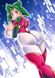 Rule 34 | 1girl, artist request, ass, bloody roar, bodysuit, boots, breast rest, breasts, dark, elbow gloves, from behind, from below, frown, gloves, green hair, highres, huge ass, huge breasts, leotard, looking at viewer, nonomura uriko, orange eyes, shiny clothes, shiny skin, short hair, sideboob, solo, thick thighs, thigh boots, thighhighs, thighs