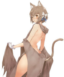 Rule 34 | 10s, 1boy, :o, animal ears, bare back, bow, brown hair, cat boy, cat ears, cat tail, eyebrows, felix argyle, from behind, gloves, hair bow, looking back, male focus, open mouth, re:zero kara hajimeru isekai seikatsu, revealing clothes, simple background, solo, standing, tail, tareme, thick eyebrows, thighs, tokopi, trap, white background, white bow, white gloves, yellow eyes