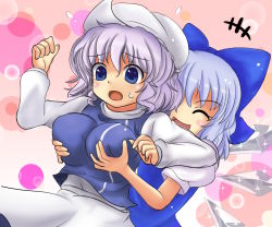 Rule 34 | &gt; &lt;, 2girls, :d, :o, > <, ^ ^, apron, bad id, bad pixiv id, blue eyes, blue hair, blush, bow, grabbing another&#039;s breast, breasts, bubble, cirno, closed eyes, dress, embarrassed, grabbing, groping, hair bow, hat, ice, ice wings, impossible clothes, impossible shirt, kurowana, large bow, large breasts, leaning back, letty whiterock, light purple hair, long sleeves, multiple girls, nervous, open mouth, pink background, puffy short sleeves, puffy sleeves, purple hair, shirt, short sleeves, skirt, smile, standing, surprised, sweatdrop, touhou, vest, wings, xd
