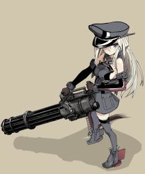 Rule 34 | 10s, 1girl, bad id, bad twitter id, bare shoulders, bismarck (kancolle), blonde hair, blue eyes, breasts, brown gloves, elbow gloves, full body, gatling gun, gloves, grey thighhighs, gun, hat, iwasaki takashi, kantai collection, large breasts, long hair, military, military uniform, one eye covered, peaked cap, sideboob, solo, thighhighs, uniform, weapon