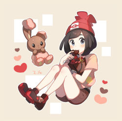 Rule 34 | 1girl, alternate color, beanie, beige background, belt, black eyes, black hair, blush, bracelet, brown eyes, brown shirt, brown shorts, buneary, candy, chocolate, chocolate heart, closed mouth, creatures (company), dated, eating, female focus, flat chest, floral print, food, full body, game freak, gen 4 pokemon, hand up, hands up, hat, heart, jewelry, knees up, looking at viewer, nintendo, outline, poke ball symbol, poke ball theme, pokemon, pokemon (creature), red footwear, red headwear, selene (pokemon), shiny pokemon, shirt, shoes, short hair, short shorts, short sleeves, shorts, simple background, sitting, two-tone background, unapoppo, undershirt, valentine, white outline