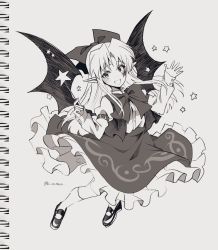 Rule 34 | 1girl, :d, bad id, bad twitter id, bat wings, bow, bowtie, elis (touhou), frilled skirt, frills, full body, greyscale, hair bow, highres, holding, holding wand, juliet sleeves, kamenozoki momomo, long sleeves, looking at viewer, monochrome, one-hour drawing challenge, open mouth, pointy ears, puffy sleeves, shoes, skirt, smile, socks, solo, star (symbol), star tattoo, star wand, tattoo, touhou, touhou (pc-98), twitter username, vest, wand, wings