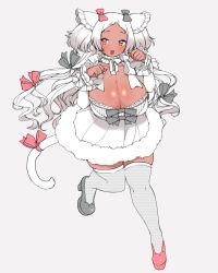 Rule 34 | 1girl, :3, :d, asymmetrical footwear, bow, breasts, cameltoe, cat tail, cleavage, collarbone, dark-skinned female, dark skin, dress, fur-trimmed dress, fur trim, gradient hair, grey bow, grey footwear, grey ribbon, hair ribbon, hands up, high heels, highres, huge breasts, indie virtual youtuber, leg up, long hair, long sleeves, looking at viewer, mismatched footwear, mole, mole on breast, multicolored hair, nekobuki kemuri, okunin, open mouth, parted bangs, paw pose, pink bow, pink eyes, pink footwear, pink ribbon, ribbon, shoes, skindentation, smile, solo, tail, tail ornament, tail ribbon, thighhighs, tress ribbon, two-tone hair, very long hair, virtual youtuber, white bow, white dress, white hair, white thighhighs, zettai ryouiki