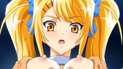 Rule 34 | 10s, animated, animated gif, blonde hair, breasts, censored, collar, cum, ejaculation, covered erect nipples, facial, hourai himeno, nipples, open mouth, paizuri, penis, surprised, toriko hime, twintails, yellow eyes