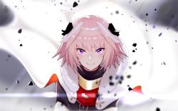 Rule 34 | 1boy, absurdres, astolfo (fate), black bow, black shirt, blurry, blush, bow, buckle, cloak, closed mouth, commentary, debris, depth of field, elbow gloves, emblem, fate/apocrypha, fate (series), from above, fur-trimmed cloak, fur collar, fur trim, gloves, gorget, hair bow, hair intakes, highres, lips, long hair, long sleeves, looking at viewer, looking up, male focus, multicolored hair, pink hair, purple eyes, shirt, smile, solo, streaked hair, trap, tsurime, turtleneck, two-tone hair, upper body, white cloak, white gloves, white hair