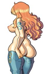 Rule 34 | 1girl, absurdres, arm tattoo, ass, back, backboob, breasts, edu pompom, female focus, highres, long hair, looking back, medium breasts, nami (one piece), nipples, one piece, orange hair, partially undressed, simple background, solo, tattoo, white background