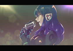 Rule 34 | 1girl, absurdres, android, blue hair, commentary request, highres, kira miki, letterboxed, long hair, mechanical arms, microphone, mugitarou, music, neon lights, pale skin, red eyes, singing, solo, va-11 hall-a