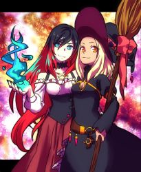 Rule 34 | 2girls, bare shoulders, black hair, blonde hair, blue eyes, blue fire, breasts, broom, crow (gravity daze), detached sleeves, dress, fire, gravity daze, gravity daze 2, hat, highres, kitten (gravity daze), multicolored hair, multiple girls, nail polish, red eyes, red hair, two-tone hair, witch hat