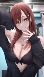 Rule 34 | 1girl, absurdres, arm up, armpits, bare shoulders, bikini, bikini top only, black bikini, black jacket, blurry, breasts, brown hair, cleavage, depth of field, front-tie bikini top, front-tie top, grin, hand up, highres, inaka 44, jacket, jewelry, large breasts, long hair, long sleeves, looking at viewer, multiple rings, nail polish, necklace, off shoulder, open clothes, open jacket, original, red nails, ring, smile, solo, swimsuit, upper body