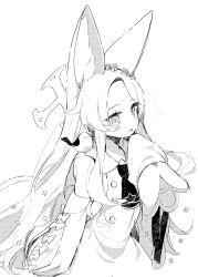 Rule 34 | 1girl, animal, animal ear fluff, animal ears, animal on shoulder, bird, bird on shoulder, blue archive, blush, buttons, collared dress, cowboy shot, detached sleeves, double-breasted, dress, fox ears, greyscale, halo, hand up, highres, monochrome, necktie, seia (blue archive), simple background, sleeves past fingers, sleeves past wrists, solo, yun (dust-i1)