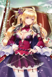 Rule 34 | &gt;:), 1girl, ahoge, armor, bad id, bad pixiv id, banner, blonde hair, bracelet, breasts, butterfly hair ornament, cape, character request, cleavage, cloud, copyright request, curly hair, garter straps, glint, green sky, hair ornament, hands on own hips, jewelry, long hair, medium breasts, mvv, pauldrons, red eyes, shoulder armor, skirt, solo, thighhighs, v-shaped eyebrows, white thighhighs, wide sleeves