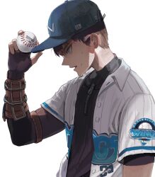 Rule 34 | 1boy, baseball, baseball cap, baseball uniform, blue eyes, brown hair, freng, hat, highres, original, sportswear, sweat, white background