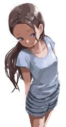 Rule 34 | 1girl, absurdres, arms behind back, brown eyes, brown hair, brush stroke, collarbone, cowboy shot, forehead, highres, long hair, looking to the side, shorts, solo, white background, yamamoto souichirou