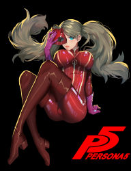 Rule 34 | 1girl, absurdres, black background, blue eyes, bodysuit, boots, breasts, brown hair, cat mask, commentary request, copyright name, earrings, floating hair, gloves, high heels, highres, holding, holding mask, jewelry, large breasts, long hair, looking at viewer, mask, parted lips, persona, persona 5, pink gloves, red bodysuit, sitting, solo, takamaki anne, thigh boots, thighhighs, tupiao shaonu, twintails