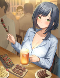 Rule 34 | alcohol, beer, beer mug, blue hair, blue shirt, blush, breasts, cleavage, closed mouth, collarbone, collared shirt, cup, dark blue hair, food, green eyes, highres, holding, holding cup, holding food, indoors, large breasts, long hair, long sleeves, looking at viewer, mug, office lady, original, partially unbuttoned, restaurant, shirt, shougun (chuckni1), sidelocks, sitting, smile, solo focus, swept bangs