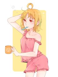 Rule 34 | 1girl, ahoge, blush, border, breasts, camisole, collarbone, commentary request, cowboy shot, cup, frilled camisole, frilled shorts, frills, hand up, highres, holding, holding cup, kashikaze, love live!, love live! sunshine!!, medium breasts, medium hair, orange hair, outside border, pajamas, pink camisole, pink pajamas, pink shorts, red eyes, shorts, sidelocks, single off shoulder, sleepy, solo, strap slip, takami chika, toothbrush in mouth, white border