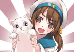 Rule 34 | &gt;:d, 10s, 1girl, :d, @ @, bad id, batsubyou, brown hair, cat, error musume, girl holding a cat (kancolle), grey eyes, hair ribbon, hat, holding, kantai collection, long hair, matsuryuu, open mouth, personification, ribbon, rising sun flag, sailor, sailor hat, shoshinsha mark, smile, solo, sunburst, twintails, v-shaped eyebrows
