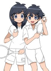 Rule 34 | 2boys, ball, black hair, closed mouth, collared shirt, commentary request, creatures (company), dual persona, elio (pokemon), game freak, grey eyes, highres, holding, holding ball, holding paddle, holding tennis racket, looking at viewer, male focus, multiple boys, nintendo, paddle, partially colored, pokemon, pokemon sm, pokemon usum, sana (37pisana), shirt, short sleeves, shorts, smile, t-shirt, table tennis ball, table tennis paddle, tennis ball, unfinished, wristband