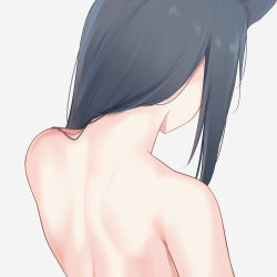 Rule 34 | 1girl, animal ears, arknights, back, back focus, black hair, byakuyayayayaya, commentary request, from behind, grey background, hair over shoulder, highres, long hair, nape, nude, simple background, solo, texas (arknights), upper body