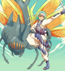 Rule 34 | 1girl, alternate costume, arm up, armor, boots, bug, choumei (naruto), facing viewer, full body, fuu (naruto), gloves, green hair, grin, hand up, happy, headband, horns, jinchuuriki, leg up, looking to the side, naruto, naruto (series), naruto shippuuden, o96ap, orange eyes, pants, parted lips, short hair, smile, standing, standing on one leg, tagme, teeth, toeless footwear, wings