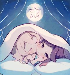 Rule 34 | 2girls, :t, bed, blanket, blonde hair, blue background, blue shirt, blush, brown hair, cheek-to-cheek, cheek press, chibi, closed eyes, closed mouth, commentary request, curtains, face-to-face, facing another, hand on another&#039;s cheek, hand on another&#039;s face, hand up, heads together, long hair, looking at another, lying, multiple girls, on bed, on side, open mouth, parted bangs, pillow, pink shirt, purple eyes, saijou claudine, shirt, shoujo kageki revue starlight, star (symbol), tendou maya, under covers, wato (ko), yuri