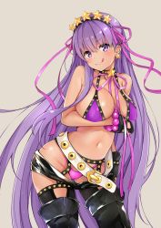 Rule 34 | 1girl, absurdres, bare shoulders, bb (fate), bb (fate) (all), bb (swimsuit mooncancer) (fate), bb (swimsuit mooncancer) (second ascension) (fate), belt, bikini, black gloves, black thighhighs, breasts, colis (regunm772), cowboy shot, earrings, fate/grand order, fate (series), gloves, grey background, hair ornament, hairband, highres, jewelry, large breasts, long hair, looking at viewer, micro shorts, navel, purple bikini, purple eyes, purple hair, shorts, simple background, smile, solo, standing, star (symbol), star earrings, star hair ornament, swimsuit, tan, thighhighs, tongue, tongue out, very long hair, white belt