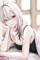 1girl ahoge bare_shoulders black_tank_top blunt_bangs breasts cleavage collarbone eyes_visible_through_hair grey_hair hair_over_one_eye highres large_breasts long_hair looking_at_viewer mole mole_under_eye nijisanji purple_eyes smile solo sukoya_kana tank_top virtual_youtuber xy90xz