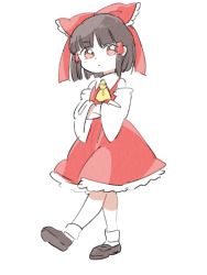 Rule 34 | 1girl, ascot, bare shoulders, brown footwear, brown hair, chibi, closed mouth, commentary request, crossed arms, full body, hair ribbon, hair tubes, hakurei reimu, hands in opposite sleeves, long sleeves, looking at viewer, red eyes, red ribbon, red skirt, red vest, ribbon, sasa kichi, shoes, simple background, skirt, socks, solo, standing, standing on one leg, touhou, vest, walking, white background, white socks, yellow ascot