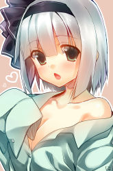 Rule 34 | 1girl, absurdres, arm up, breasts, chestnut mouth, cleavage, collarbone, dress shirt, eyes visible through hair, green eyes, hair ribbon, hands in opposite sleeves, heart, highres, konpaku youmu, looking at viewer, niwashi (yuyu), off shoulder, open mouth, ribbon, shirt, short hair, silver hair, solo, tan background, touhou, upper body