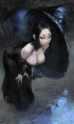 Rule 34 | 1girl, bent over, black dress, black hair, blue eyes, breasts, cleavage, closed mouth, commentary, dress, english commentary, full body, hands on own thighs, hanging breasts, highres, large breasts, leaning forward, long dress, long hair, nat the lich, original, pandora acherona (nat the lich), solo, spirit