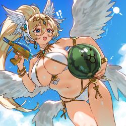 1girl angel_wings armlet bare_shoulders bikini blonde_hair blue_eyes blue_sky bracelet breasts character_request circlet cleavage ebora gold_trim gun head_wings highres jewelry large_breasts long_hair navel nyanko_daisensou open_mouth ponytail sky solo swimsuit thighs watermark weapon white_bikini wings