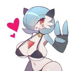 Rule 34 | 1girl, aliceyawnin, alternate color, bare shoulders, bell, bikini, black bikini, black gloves, blue hair, blue skin, blush, bob cut, breasts, chromatic aberration, cleavage, collar, collarbone, colored skin, commission, covered erect nipples, creatures (company), elbow gloves, facial mark, female focus, fingerless gloves, fishnet gloves, fishnets, game freak, gardevoir, gen 3 pokemon, gloves, hair over one eye, hand up, happy, heart, highres, huge breasts, jingle bell, looking to the side, multicolored skin, navel, neck bell, nintendo, open mouth, pokemon, pokemon (creature), red eyes, shiny pokemon, shiny skin, short hair, simple background, skindentation, smile, solo, stomach, swimsuit, two-tone skin, underboob, upper body, v, whisker markings, white background, white skin