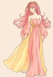 Rule 34 | 1girl, absurdres, breasts, cleavage, commission, detached sleeves, dress, earrings, female focus, fire emblem, fire emblem: three houses, flower, full body, hair flower, hair ornament, hairband, highres, hilda valentine goneril, hoop earrings, j. mendel, jewelry, long hair, matching hair/eyes, nintendo, aged up, pink eyes, pink hair, signature, solo, standing, strapless, tamafry, two-tone dress