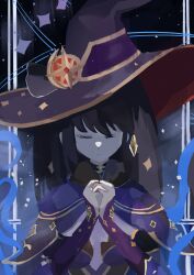 Rule 34 | 1girl, breasts, cape, choker, cleavage, closed eyes, facing viewer, fur-trimmed cape, fur trim, genshin impact, hat, highres, mona (genshin impact), own hands together, praying, purple cape, purple hat, small breasts, solo, star (symbol), star choker, teirami, upper body, witch hat