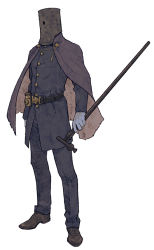 Rule 34 | 1boy, belt, bloodborne, brown footwear, cane, chain, cloak, gloves, hatching (texture), helmet, holding, holding cane, lantern, male focus, simple background, solo, standing, torn cloak, torn clothes, white background, white gloves, y (chos)