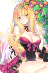 Rule 34 | 1girl, alternate costume, areola slip, bare shoulders, black neckwear, black one-piece swimsuit, black ribbon, blonde hair, blunt bangs, blush, bow, breasts, choker, cleavage, covered navel, flower, frilled sleeves, frills, hand on own chest, hibiscus, large breasts, long hair, long sleeves, looking at viewer, one-piece swimsuit, parted lips, pink bow, plant, red eyes, ribbon, ribbon choker, roh nam kyung, shiny skin, sitting, skin tight, solo, straight hair, swimsuit, touhou, very long hair, wide sleeves, yakumo yukari